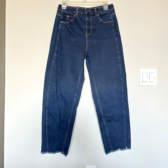 Whistles NEW Stretch Barrel Jeans in Dark Denim High-Waist Ankle Raw Hem Sz 26 - Picture 2 of 12